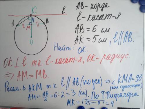 Касательная к окружности параллельна хорде. найдите радиус окружности, если известно, что длина хор