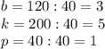 b=120:40=3 \\ k=200:40=5 \\ p=40:40=1