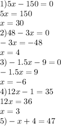 1) 5x-150=0\\5x=150\\x=30\\2)48-3x=0\\-3x=-48\\x=4 \\ 3) -1.5x-9=0\\-1.5x=9\\x=-6 \\ 4)12x-1=35 \\ 12x=36\\x=3\\5)-x+4=47