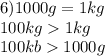 6) 1000g=1kg \\ 100kg1kg \\ 100kb1000g