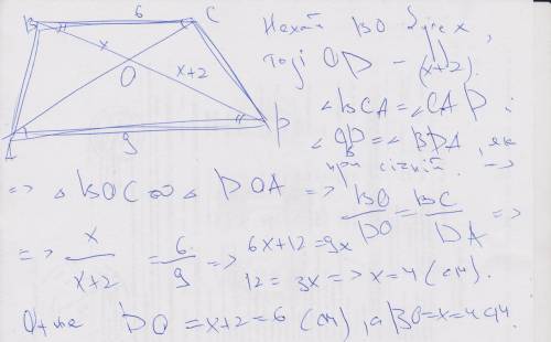 О- точка перетину діагоналей трапеції авсд,з основами ад і вс,ад=9см,вс=6см. знайдіть відрізки до і