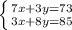 \left \{ {{7x+3y=73} \atop {3x+8y=85}} \right.