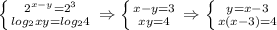 \left \{ {{2 ^{x-y} =2 ^{3} } \atop {log _{2} xy=log _{2} }4} \right. \Rightarrow \left \{ {{x-y=3} \atop {xy=4}} \right. \Rightarrow \left \{ {{y=x-3} \atop {x(x-3)=4}} \right.