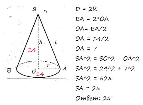 Высота конуса равна 24, а диаметр основания равен 14. найдите образующую конуса