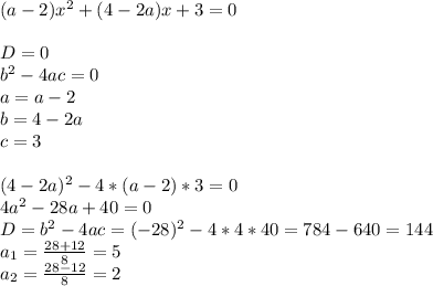 (a-2)x^2+(4-2a)x+3=0 \\ \\ D=0 \\ b^2-4ac=0 \\ a=a-2 \\ b=4-2a \\ c=3 \\ \\ (4-2a)^2-4*(a-2)*3=0 \\ 4a^2-28a+40=0 \\ D=b^2-4ac=(-28)^2-4*4*40=784-640=144 \\ a_1= \frac{28+12}{8} =5 \\ a_2= \frac{28-12}{8} =2 \\