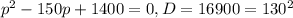 p^{2}-150p+1400=0, D=16900=130^{2}