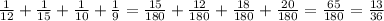 \frac{1}{12}+ \frac{1}{15} + \frac{1}{10} + \frac{1}{9}= \frac{15}{180}+ \frac{12}{180} + \frac{18}{180} + \frac{20}{180}=\frac{65}{180}=\frac{13}{36}