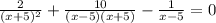 \frac{2}{(x+5) ^{2} } + \frac{10}{(x-5)(x+5)} - \frac{1}{x-5}=0