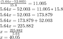 \frac{(5.64x-52.003)}{15.8} =11.005 \\ 5.64x-52.003=11.005*15.8 \\ 5.64x-52.003=173.879 \\ 5.64x=173.879+52.003 \\ 5.64x=225.882 \\ x= \frac{225.882}{5.64} \\ x=40.05 \\ \\