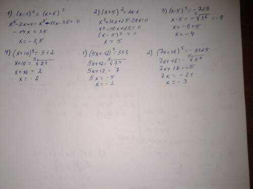 1.найти корень уравнения: 1) (х-1)^2 = (х+6)^2 2) (х+5)^2=20х 3) (х-5)^3= - 729 4) (х+10)^9=512 2. р