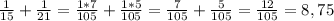 \frac{1}{15} + \frac{1}{21} = \frac{1 * 7}{105} + \frac{1 * 5}{105} = \frac{7}{105} + \frac{5}{105} = \frac{12}{105} = 8,75