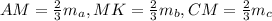 AM = \frac{2}{3}m _{a}, MK= \frac{2}{3} m _{b} , CM= \frac{2}{3}m _{c}