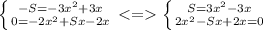 \left \{-S=-3x^2+3x} \atop 0=-2x^2+Sx-2x \right. <= \left \{S=3x^2-3x} \atop 2x^2-Sx+2x=0 \right.