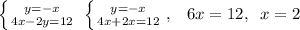 \left \{ {{y=-x} \atop {4x-2y=12}} \right. \; \left \{ {{y=-x} \atop {4x+2x=12}} \right. ,\; \; \; 6x=12,\; \; x=2