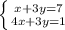 \left \{ {{x+3y=7} \atop {4x+3y=1}} \right.