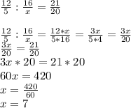 \frac{12}{5} : \frac{16}{x} = \frac{21}{20} \\ \\ \frac{12}{5} : \frac{16}{x} = \frac{12*x}{5*16} = \frac{3x}{5*4} = \frac{3x}{20} \\ \frac{3x}{20}= \frac{21}{20} \\ 3x*20=21*20 \\ 60x=420 \\ x= \frac{420}{60} \\ x=7