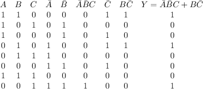 \begin {array}{ccccccccc} A&B&C&\bar A&\bar B&\bar A\bar BC&\bar C&B\bar C&Y=\bar A\bar BC+B\bar C \\ 1&1&0&0&0&0&1&1&1 \\ 1&0&1&0&1&0&0&0&0 \\ 1&0&0&0&1&0&1&0&0 \\ 0&1&0&1&0&0&1&1&1 \\ 0&1&1&1&0&0&0&0&0 \\ 0&0&0&1&1&0&1&0&0 \\ 1&1&1&0&0&0&0&0&0 \\ 0&0&1&1&1&1&0&0&1 \end {array}