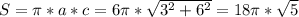 S=\pi *a*c=6\pi *\sqrt{3^2+6^2}=18\pi *\sqrt{5}