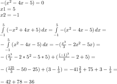 -(x^2-4x-5)=0 \\ x1=5 \\ x2=-1 \\ \\ \int\limits^5_{-1} {(-x^2+4x+5)} \, dx =\int\limits^5_{-1} {-(x^2-4x-5)} \, dx = \\ \\ -\int\limits^5_{-1}{(x^2-4x-5)} \, dx =-( \frac{x^3}{3} -2x^2-5x) = \\ \\ - (\frac{5^3}{3} -2*5^2-5*5) +( \frac{(-1)^3}{3} -2+5)= \\ \\ -(\frac{125}{3} -50-25)+(3- \frac{1}{3} )=-41 \frac{2}{3} +75+3-\frac{1}{3} = \\ \\ -42+78=36