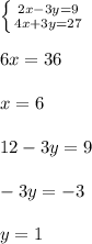 \left \{ {{2x-3y=9} \atop {4x+3y=27}} \right. \\ \\ 6x=36 \\ \\ x=6 \\ \\ 12-3y=9 \\ \\ -3y=-3 \\ \\ y=1