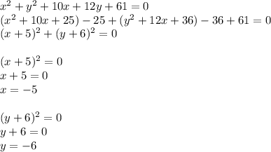 x^{2} + y^{2} +10x+12y+61=0\\(x^2+10x+25)-25+(y^2+12x+36)-36+61=0\\(x+5)^2+(y+6)^2=0\\\\(x+5)^2=0\\x+5=0\\x=-5\\\\(y+6)^2=0\\y+6=0\\y=-6