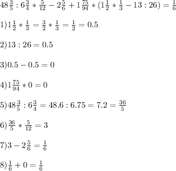 48 \frac{3}{5}:6 \frac{3}{4}* \frac{5}{12}-2 \frac{5}{6}+1 \frac{75}{94}*(1 \frac{1}{2}* \frac{1}{3}-13:26 ) =\frac{1}{6} \\ \\ 1)1 \frac{1}{2}* \frac{1}{3}= \frac{3}{2}* \frac{1}{3}= \frac{1}{2}=0.5 \\ \\ 2)13:26=0.5 \\ \\ 3)0.5-0.5=0 \\ \\ 4)1 \frac{75}{94}*0=0 \\ \\ 5)48 \frac{3}{5}:6 \frac{3}{4}=48.6:6.75=7.2= \frac{36}{5} \\ \\ 6)\frac{36}{5}* \frac{5}{12}= 3 \\ \\ 7)3-2 \frac{5}{6}=\frac{1}{6} \\ \\ 8)\frac{1}{6}+0=\frac{1}{6}