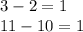 3-2=1 \\ 11-10=1 \\