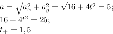 a=\sqrt{a_x^2+a_y^2}=\sqrt{16+4t^2}=5;\\ 16+4t^2=25;\\ t_+=1,5