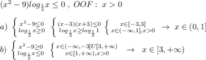 (x^2-9)log_{\frac{1}{3}}x \leq 0\; ,\; OOF:\; x0\\\\a)\; \left \{ {{x^2-9 \leq 0} \atop {log_{\frac{1}{3}}x \geq 0}} \right. \; \left \{ {{(x-3)(x+3) \leq 0} \atop {log_{\frac{1}{3}}x \geq log_{\frac{1}{3}}1}} \right. \left \{ {{x\in [-3,3]} \atop {x\in (-\infty,1],x0}} \right. \; \to \; x\in(0,1]\\\\b)\; \left \{ {{x^2-9 \geq 0} \atop {log_{\frac{1}{3}}x \leq 0}} \right. \; \left \{ {{x\in (-\infty,-3]U[3,+\infty)} \atop {x\in [1,+\infty),x0}} \right. \; \; \to \; \; x\in [3,+\infty)&#10;