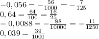 -0,056=- \frac{56}{1000}=- \frac{7}{125} \\ 0,64= \frac{64}{100}= \frac{16}{25} \\ -0,0088= -\frac{88}{10000} =- \frac{11}{1250} \\ 0,039= \frac{39}{1000}