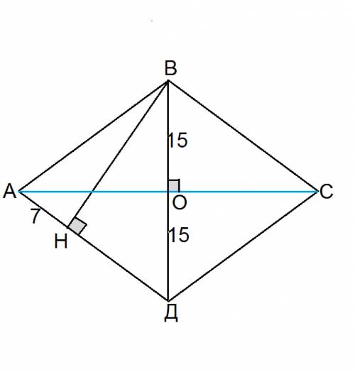 Решите. определить большую диагональ и высоту ромба, меньшая диагональ которого равна 30 см, а проек