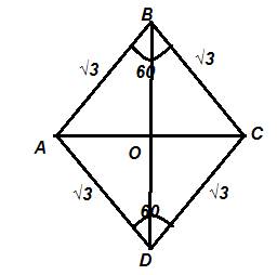 Найдите большую диагональ ромба, сторона которого равна корень из трех, а острый угол равен 60 граду