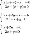 \left \{ {{2(x+y)-x=-6} \atop {3x-(x-y)=0}} \right. \\ \\ \left \{ {{2x+2y-x=-6} \atop {3x-x+y=0}} \right. \\ \\ \left \{ {{x+2y=-6} \atop {2x+y=0}} \right.