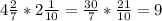 4 \frac{2}{7}*2 \frac{1}{10} = \frac{30}{7} * \frac{21}{10} = 9