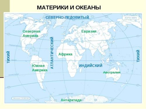 Подписать 6 материков и 4 океан на контурной карте