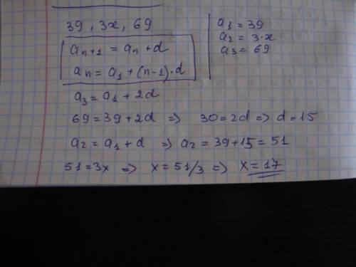 Задана арифметическая прогрессия 39, 3x,69 найдите x