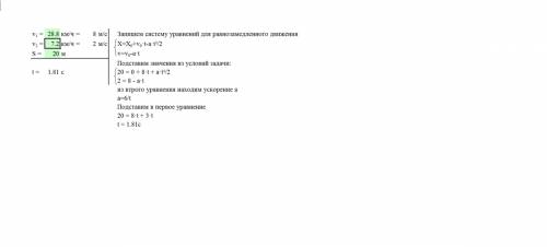 Велосипедист имеет скорость 28,8км/ч начал тормозить и до ростояние 20м его скорость уменьшалось до