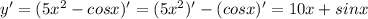 y'=(5x^2-cosx)'=(5x^2)'-(cosx)'=10x+sinx