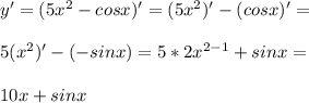 y'=(5x^2-cos x)'=(5x^2)'-(cos x)'=\\\\5(x^2)'-(-sin x)=5*2x^{2-1}+sin x=\\\\10x+sin x