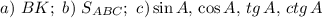 a)\,\,BK;\,\, b)\,\, S_{ABC};\,\,c)\sin A,\,\cos A,\, tg\, A,\,ctg \,A