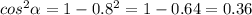 cos ^{2} \alpha = 1 - 0.8^{2} = 1 - 0.64 = 0.36