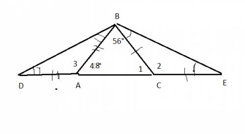 Втреугольнике авс угол а равен 48 град.угол в равен 56 град.на продолжении сторона ас отложены отрез