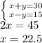 \left \{ {{x+y=30} \atop {x-y=15}} \right. \\ 2x=45 \\ x=22.5