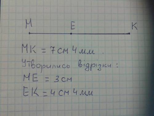 Накресліть відрізок mk, довжина якого дорівнює 7 см 4 мм, позначте на ньому точку e. запишіть усі ві