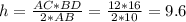 h=\frac{AC*BD}{2*AB}=\frac{12*16}{2*10}=9.6