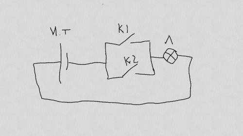 Как разместить: 1)источник тока, 1)лампа , 2 ключа так что бы лампа всегда горела (при выключении од