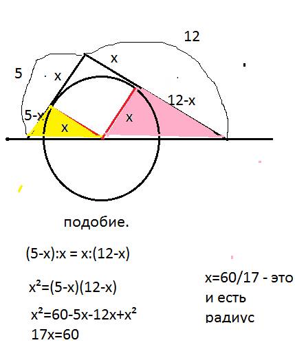 Стороны треугольника равны 5 см,12 см и 13 см,две из них касательные к окружности,центр какой лежит