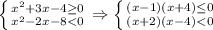 \left \{ {{ x^{2} +3x-4 \geq 0} \atop { x^{2} -2x-8<0}} \right.\Rightarrow \left \{ {{(x-1)(x+4) \leq 0} \atop {(x+2)(x-4)<0}} \right.