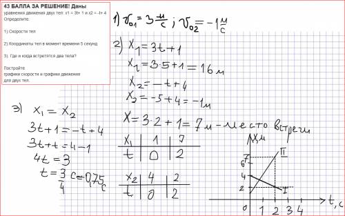 43 за решение! даны уравнения движения двух тел: х1 = 3t+ 1 и х2 = -t+ 4 определите: 1).скорости тел