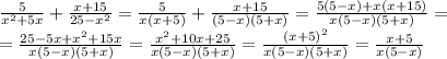 \frac{5}{x^2+5x}+ \frac{x+15}{25-x^2}=\frac{5}{x(x+5)}+ \frac{x+15}{(5-x)(5+x)}= \frac{5(5-x)+x(x+15)}{x(5-x)(5+x)}= \\ = \frac{25-5x+x^2+15x}{x(5-x)(5+x)}=\frac{x^2+10x+25}{x(5-x)(5+x)}=\frac{(x+5)^2}{x(5-x)(5+x)}=\frac{x+5}{x(5-x)}